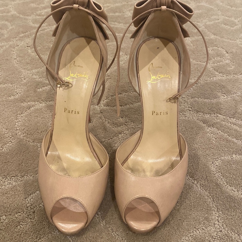 Christian Louboutin Nude Peep-Toe Ankle-Tie Heels